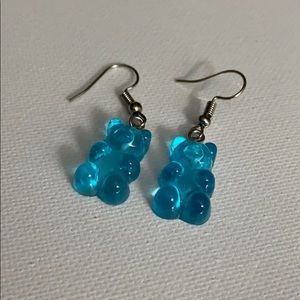 Handmade blue translucent gummy bear drop earrings